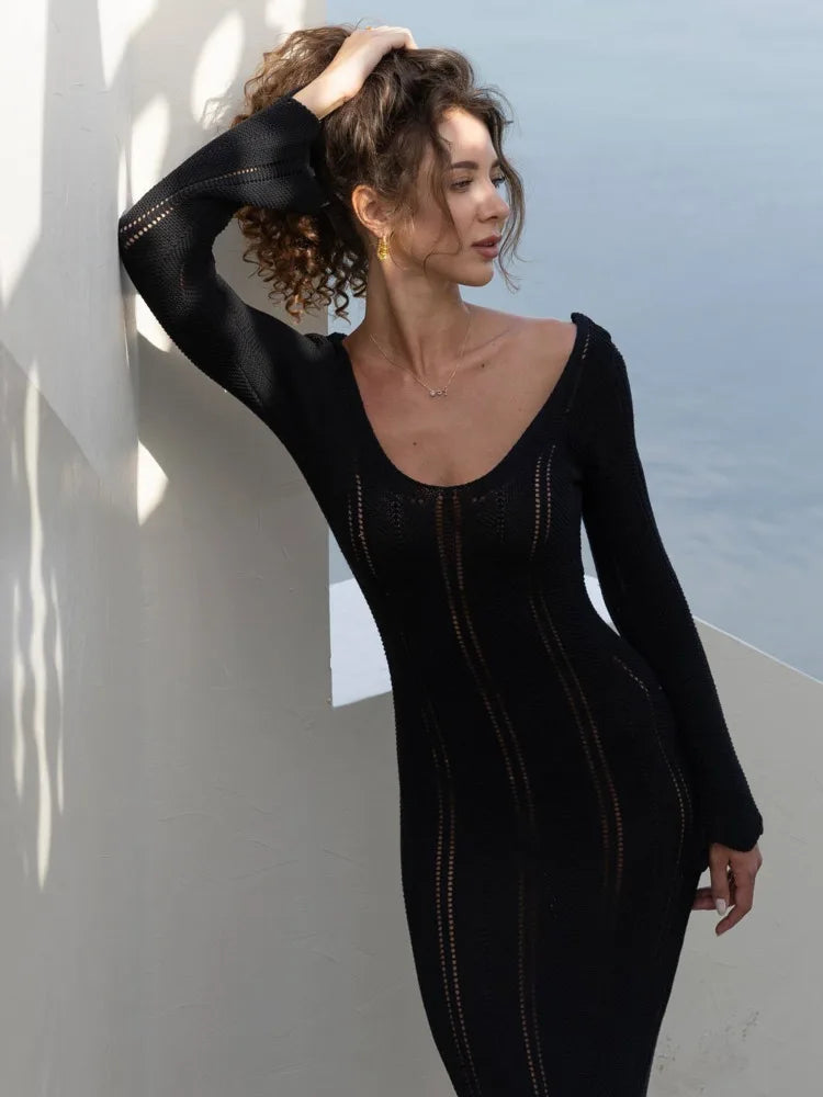 Knitted Sweater Long Sleeved V-neck Dress Slim Hollow Out Female Vesidos Party Club Evening Dress Vacation