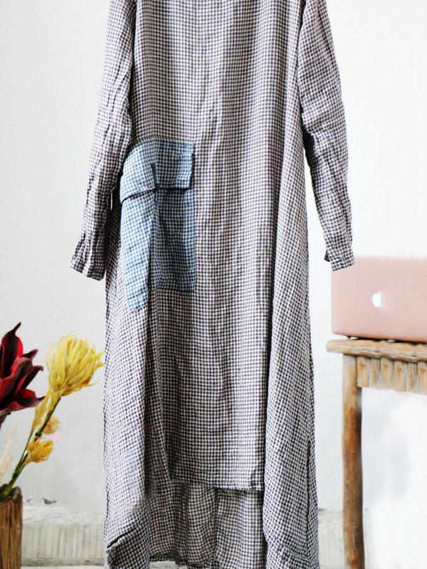 Loose Linen Plaid Round-neck Long Dress