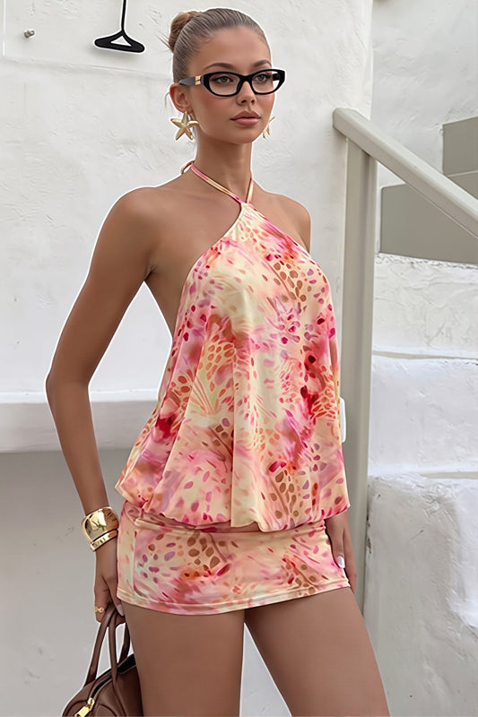 Print Halter Backless Tie Waist Bodycon Mini Dress