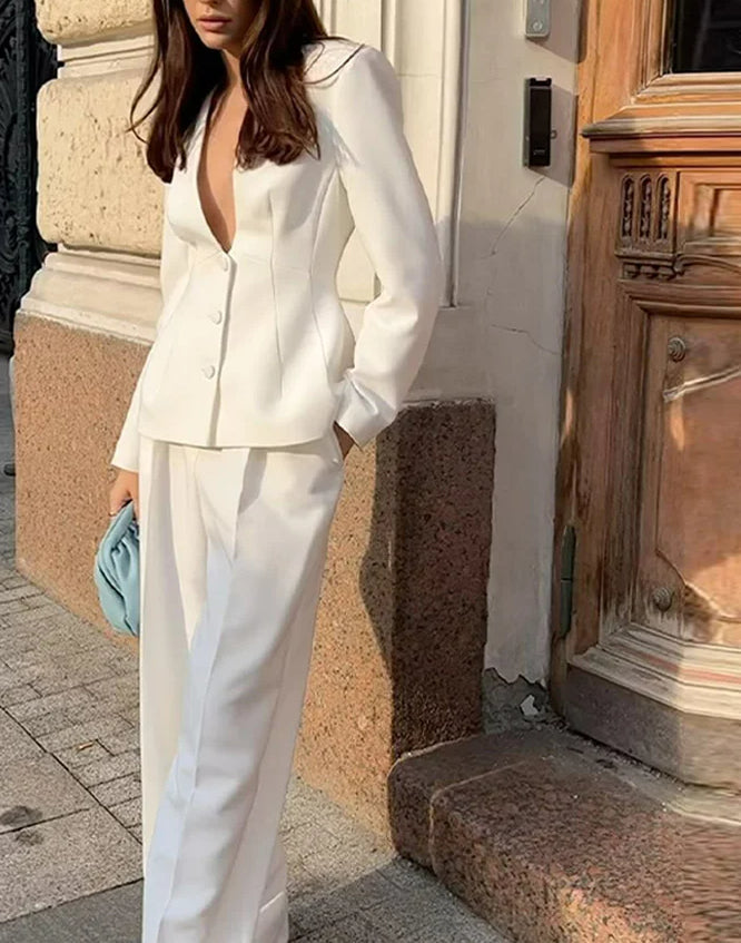 White Deep V-neck Blazer Pants Office Two Piece Set