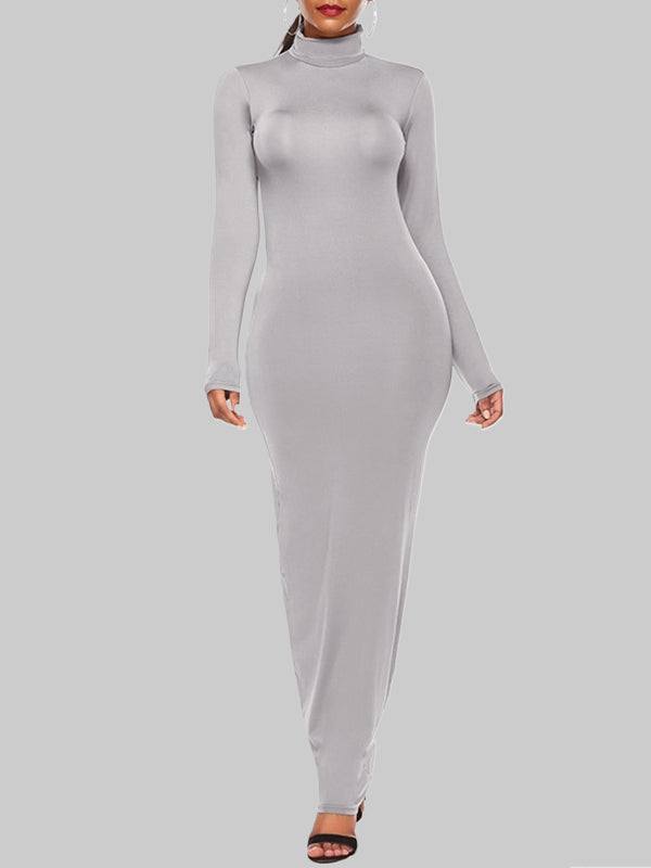Bodycon Long Sleeves Color High Neck Maxi Dresses