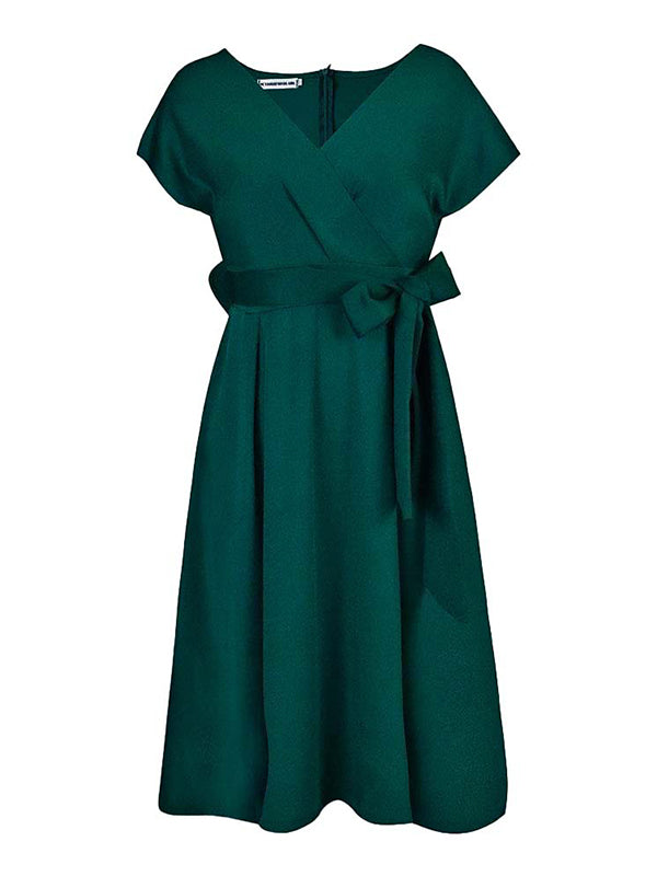 Bowknot Lace-up Color V-neck Midi Dresses