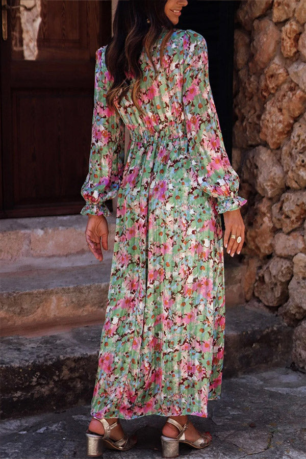 Green Print Deep V Neck Ruched Cinched Waist Maxi Dress