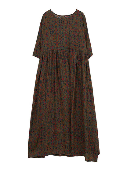 Vacation Loose Half Sleeves Printed Pleated Round-neck Midi Dresses