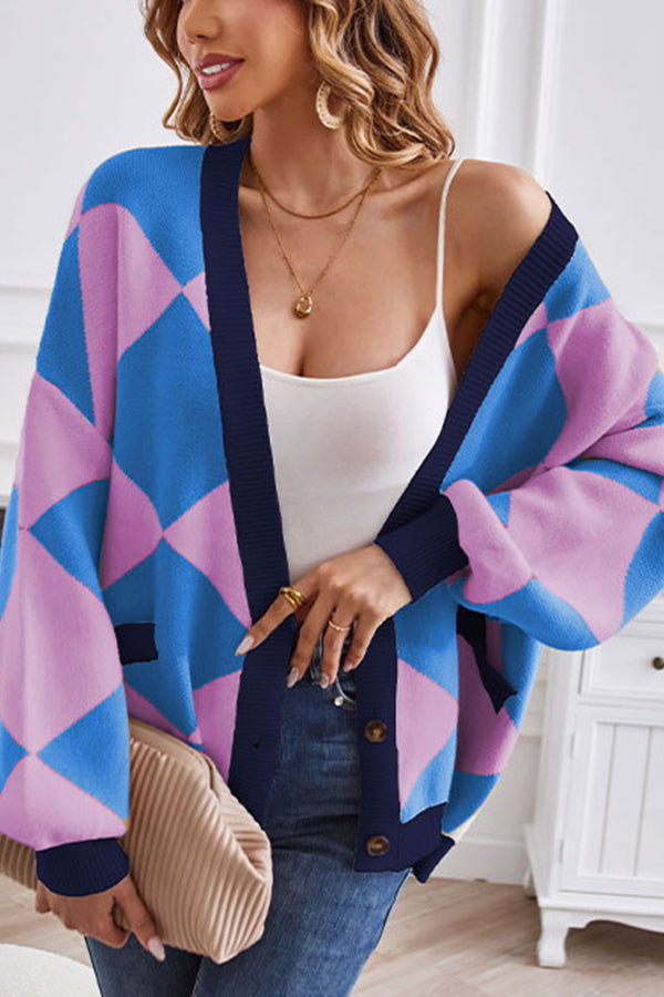 V-neck Geometric Patchwork Contrasting Knitted Cardigan Loose Jacket