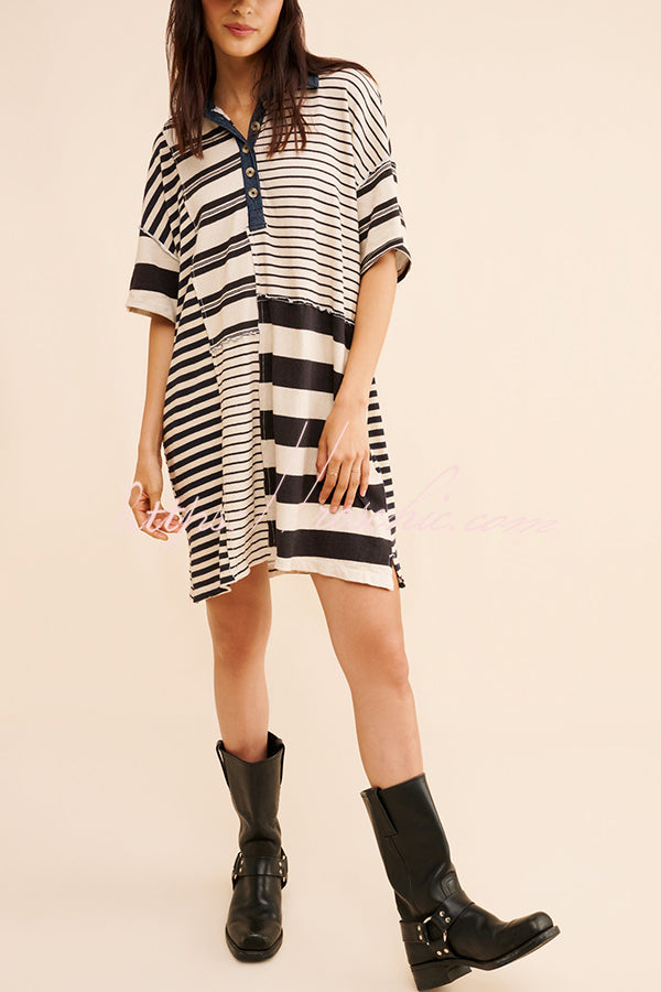 Contrast Striped Patchwork Denim Lapel Loose Mini Dress