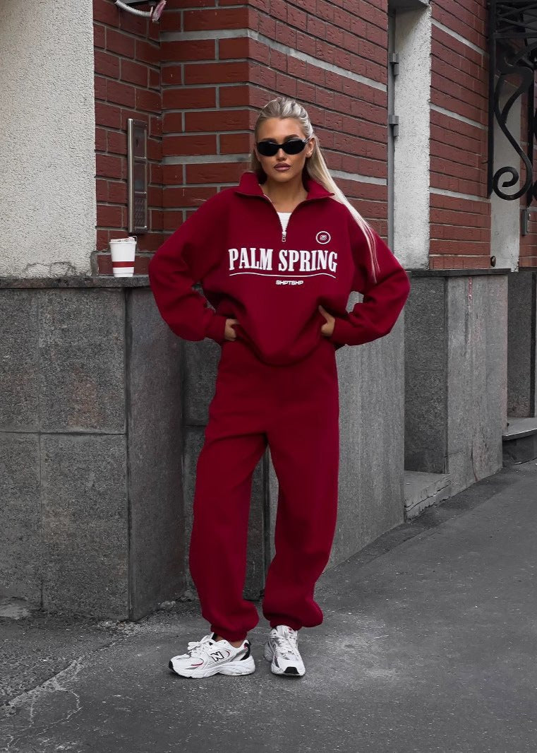 Palm Springs Vibe - Letter Print Zip-up Sweater Set