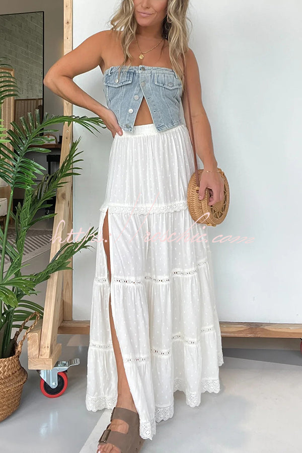 Lace Splicing Elastic Waist Loose High Slit Maxi Skirt