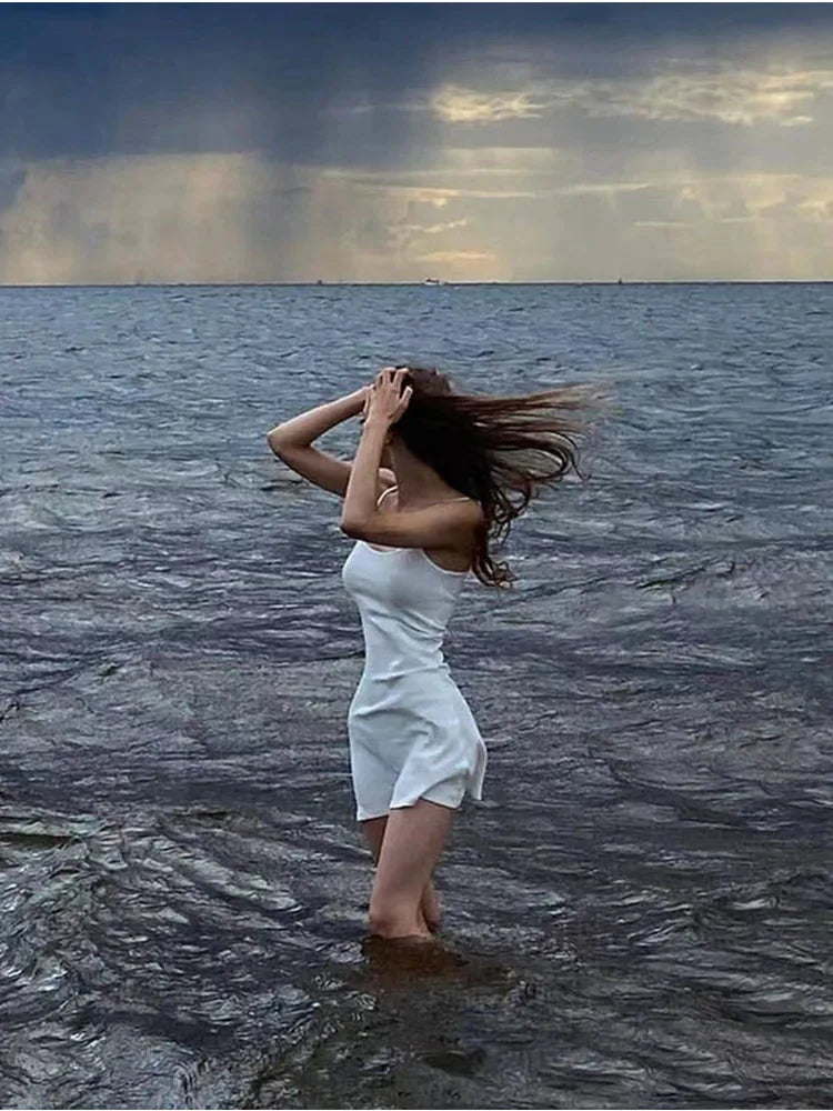 Basic Dress for White Spaghetti Strap Sleeveless a Line Mini Dresses Y2k Clothes 2000s Aesthetic Dress Beach Wear