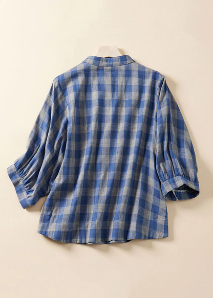 Grace Blue Plaid Stand Collar Cotton Blouses Bracelet Sleeve Qr023