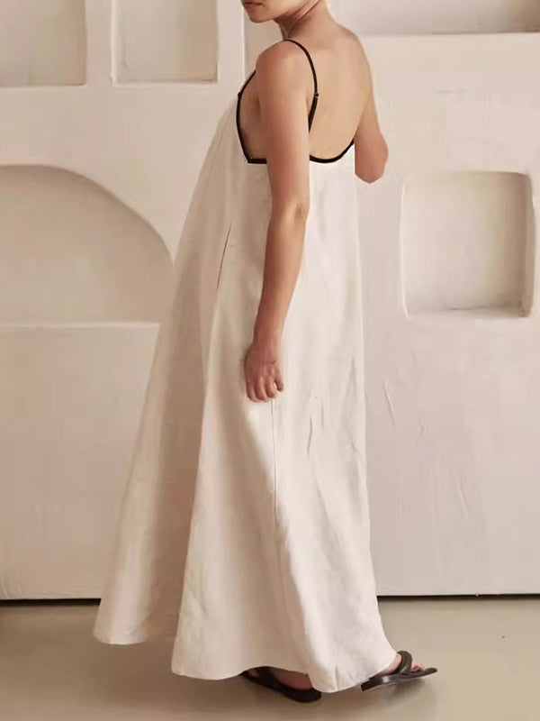 A-line Loose Split-joint Spaghetti-neck Maxi Dresses