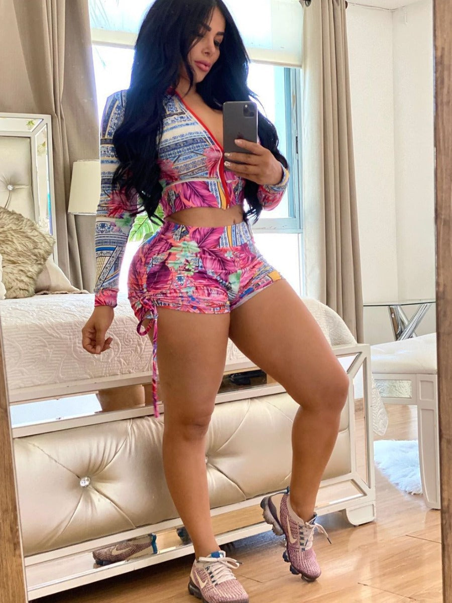 Print Drawstring Shorts Set Ar8043
