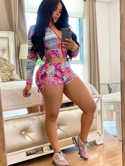 Print Drawstring Shorts Set Ar8043