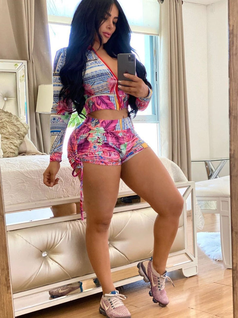Print Drawstring Shorts Set Ar8043