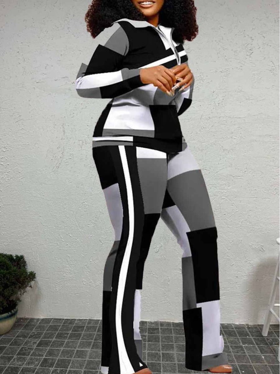 Geometric Print Striped Flared Pants Set At9055