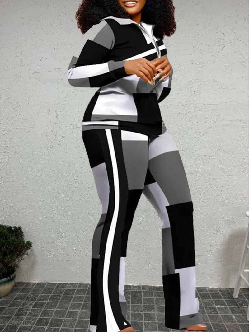 Geometric Print Striped Flared Pants Set At9055