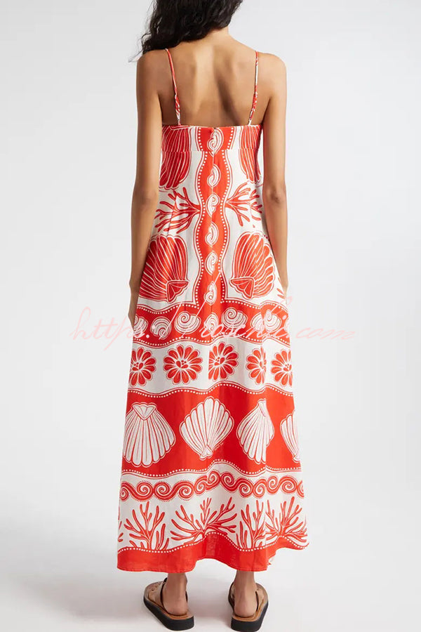 Shell Unique Print Front Lace-up Loose Maxi Dress