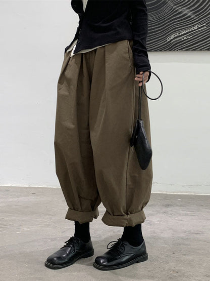 Simple Coffee Elasticity High-waisted Pockets Pleated Harem Pants Ws009
