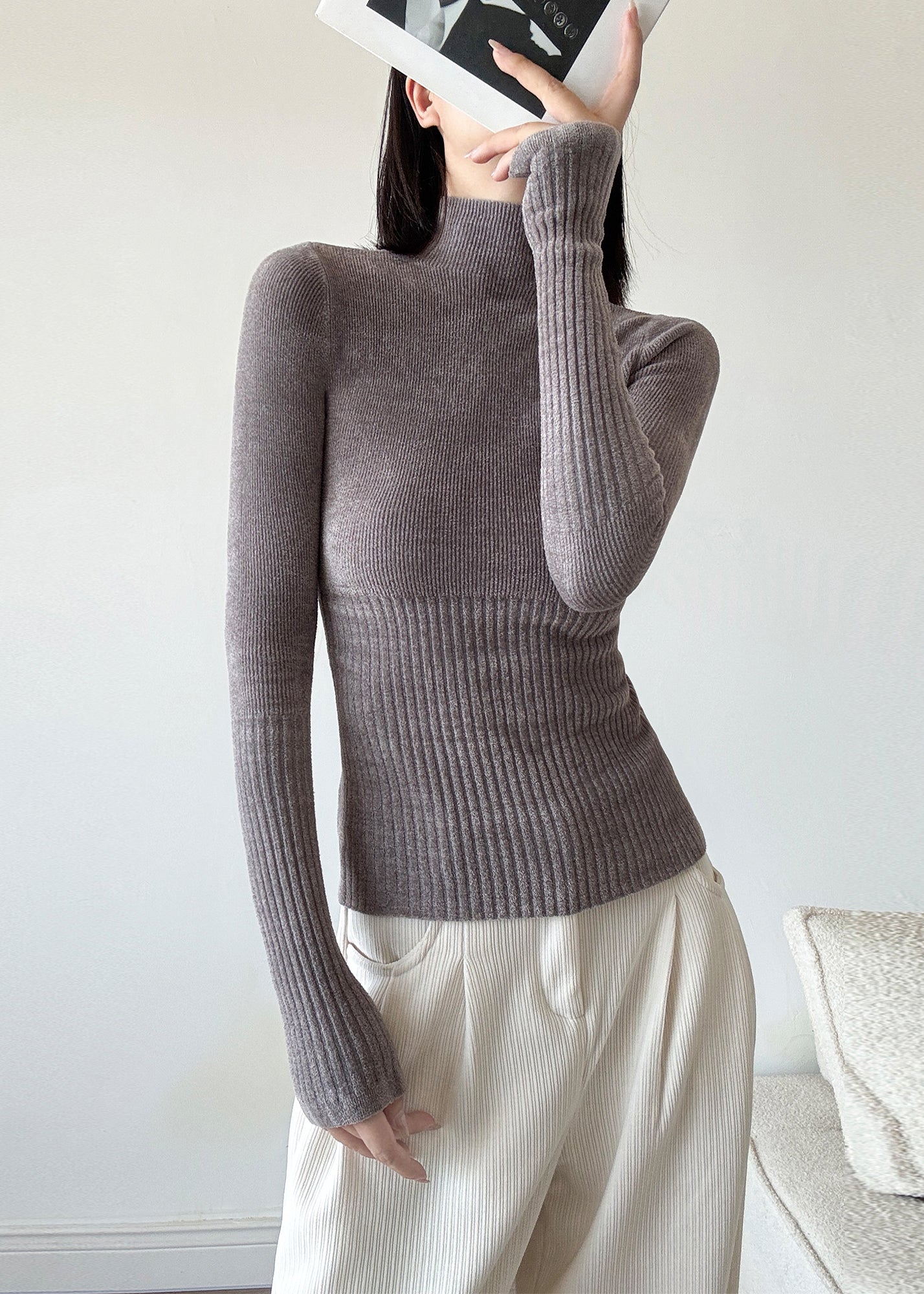 Slim Fit Brown Hign Neck Patchwork Knit Sweaters Winter Rv039