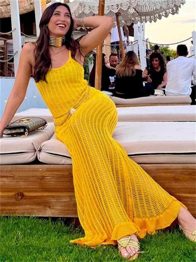 Ruffled See-through Backless Halter Dress Female Sleeveless Hollow Out High Waist Gown Spaghetti Maxi Dress