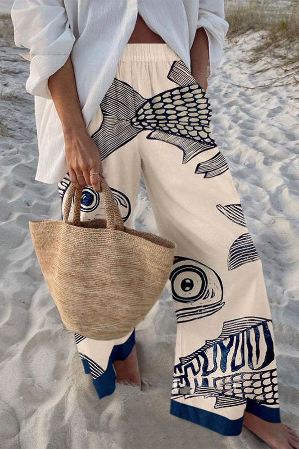 Fish Print Elastic Waist Loose Pocket Pants