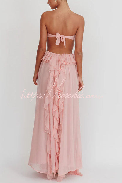 Vacation Halter Rose Detail Cut Out Ruffles Backless Maxi Dress