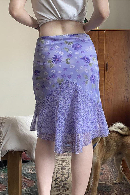 Purple Patchwork Asymmetrical Tulle High Waist Skirt