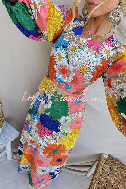 Bloom Forever Print Cutout Elastic Waist Maxi Dress