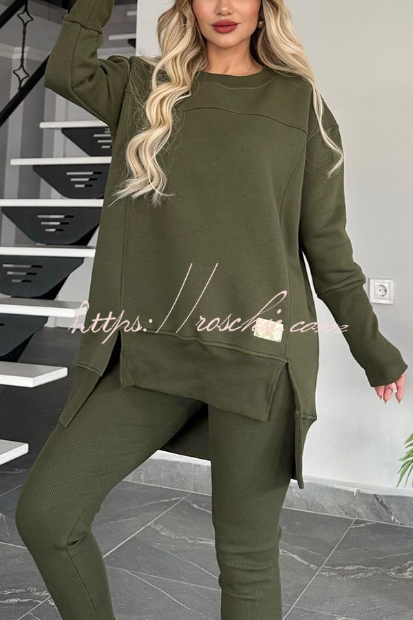 Color Crew Neck Long Sleeve Top and Stretch Pants Set