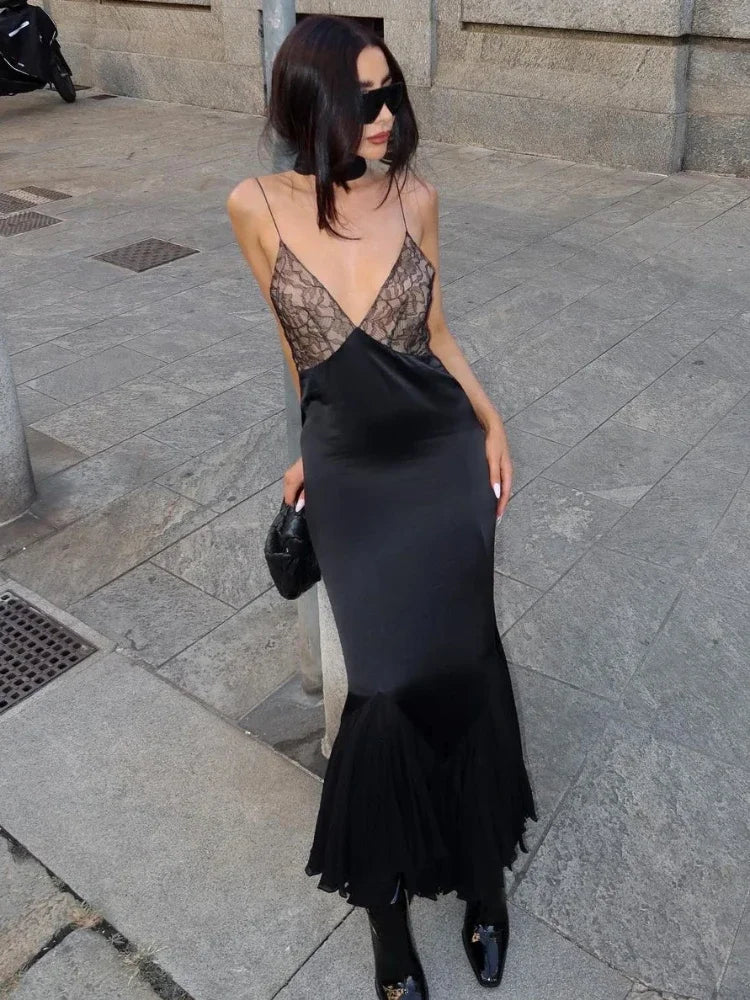 Lace Splice Maxi Dresses for Deep V Neck Mesh Slim Dress Woman Temperament Clubwear Party Evening Dress Femme