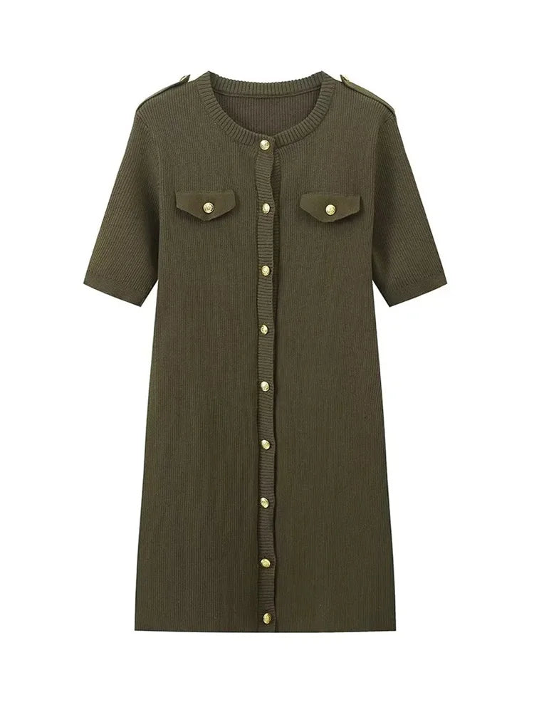 Knit Ribbed Pocket Mini Dress Female Short Sleeve Cardigan Patchwork Slim Party Dress ’s Knitwear Autumn Dress