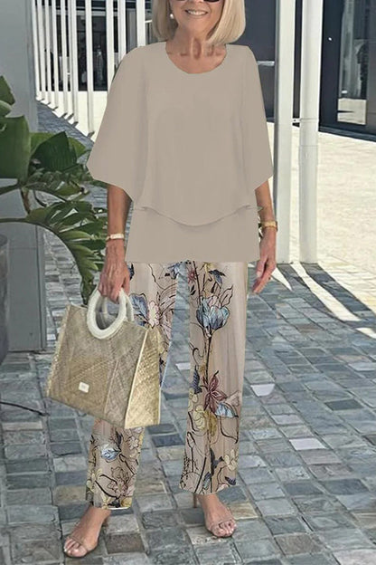 Round Neck Half Sleeve Loose Top and Elastic Waist Straight Pants Set