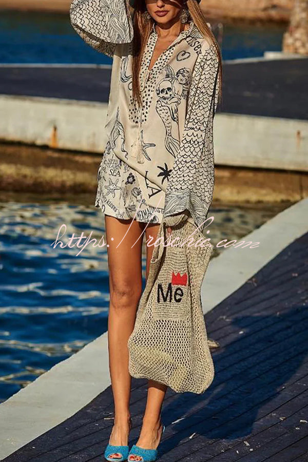 Live by Water Satin Unique Letter Print Tassle Shirt and Elastic Waist Shorts Set