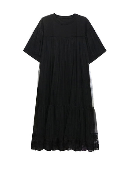 Fake Two-piece Loose Gauze Pleated Color Split-joint Tiered Round-neck Midi Dresses