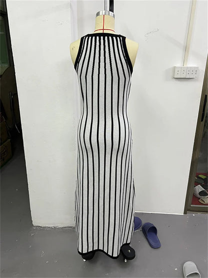 Zebra Printed Knit Long Dress ’s Sleeveless Contrast High Waist Autumn Party Dress Knitwear Clothes