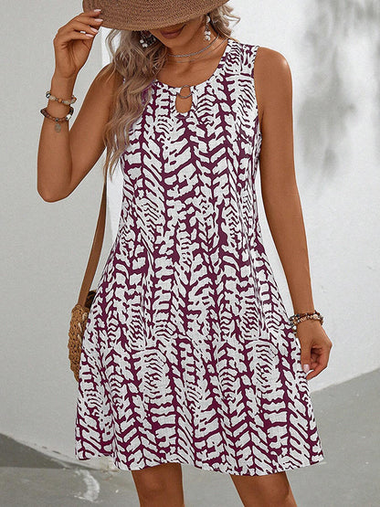 A-line Loose Hollow Printed U-neck Mini Dresses