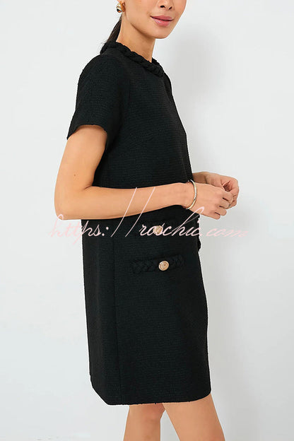 Confident and Tweed Fabric Braided Trim Button Shift Mini Dress