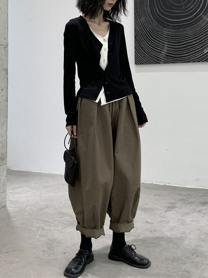 Simple Coffee Elasticity High-waisted Pockets Pleated Harem Pants Ws009