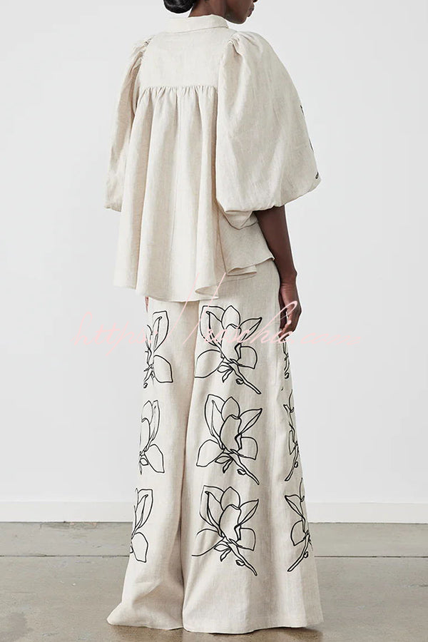 Elaina Linen Blend Print Button Pocketed Wide Leg Palazzo Pant