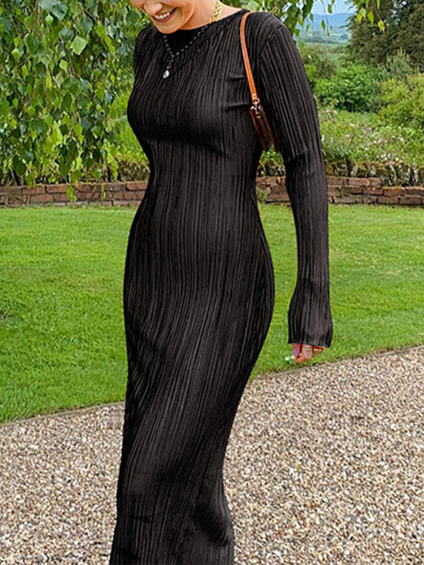 Long Sleeves Skinny Pleated Color Split-joint Round-neck Maxi Dresses