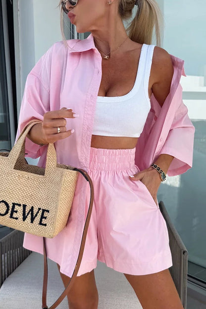 Summer Loose Short-sleeved Shirt and Elastic High Waist Shorts Set