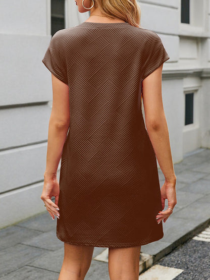 A-line Loose Jacquard Pockets Color Round-neck Mini Dresses