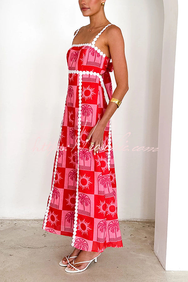 Holiday Style Unique Print Sling Open Back Lace Up Maxi Dress