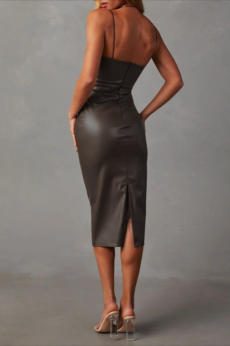 Pu Leather Spaghetti Strap Bodycon Midi Dress