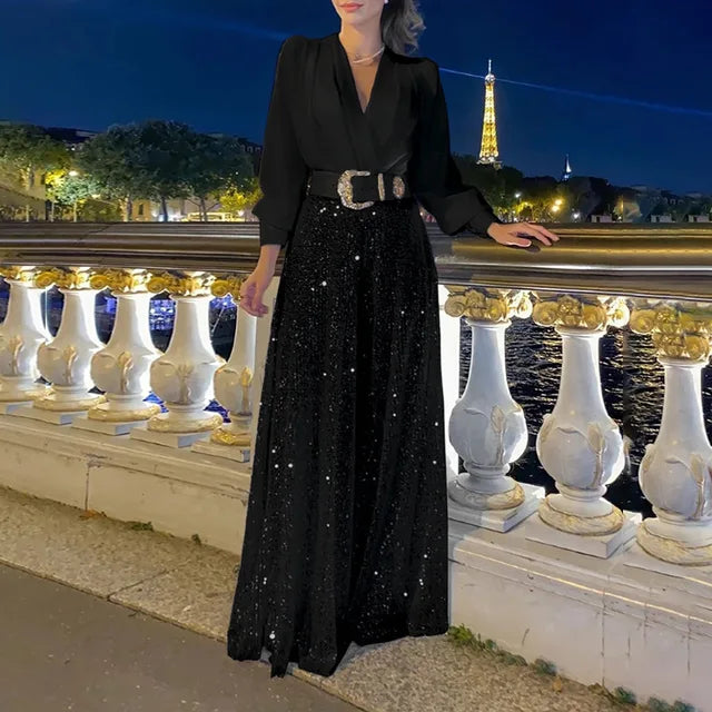 Splice Sequins Maxi Dresses for Folds Loose V Neck Dress Femme Party Evening Dresses