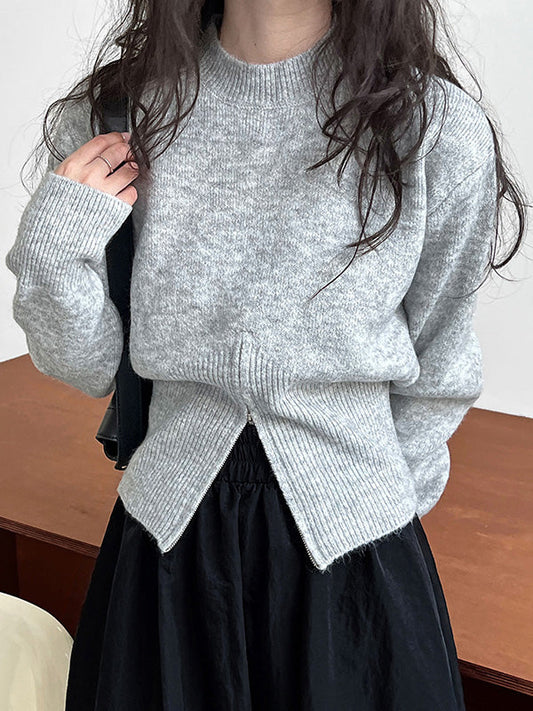 Grey Mock Neck Zip-up Hem Long Sleeve Sweater An1072