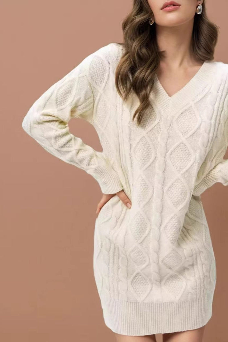 V-neck Cable-knit Sweater Mini Dress