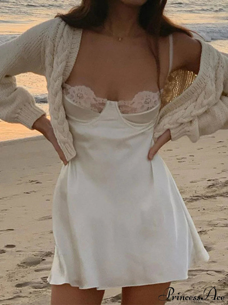 Backless Lace Paneled Satin Mini Dress