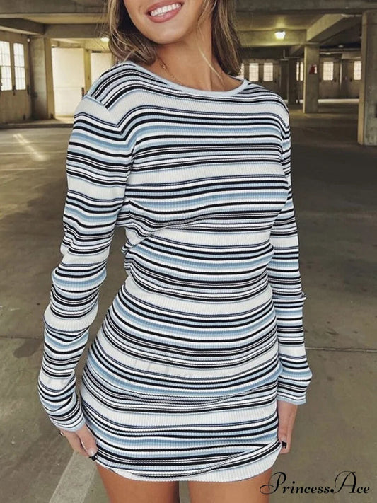 Backless Long Sleeve Striped Knit Mini Dress