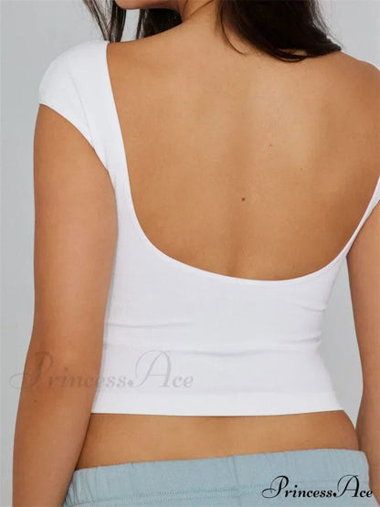 Backless Short Sleeve Low Cut O-neck Crop Tops Slim Fit T-shirts